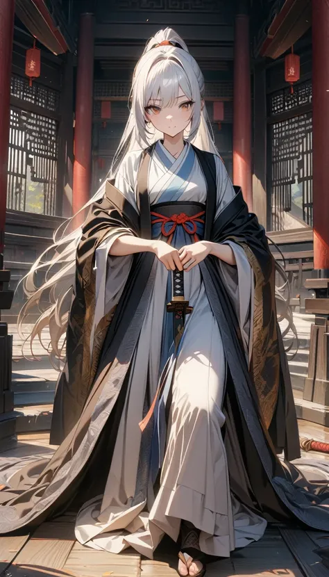 Adult girl, long white hair, high ponytail, brown eyes, goddess hanfu, sword, Dao, Masterpiece, best quality, Full HD, 8k, ultra details, great graphic