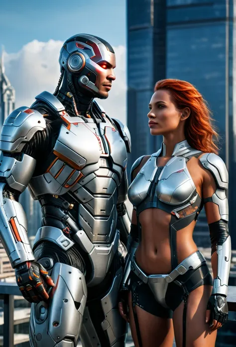 a male cyborg and a female cyborg on the roof of a skyscraper, hyper-realistic, intricate details, 1/2 body crop, slim body, beautiful figure, magnificent anatomy, intricate details:1.12, HDR, intricate details, hyper-detailing:1.15, natural skin textures,...