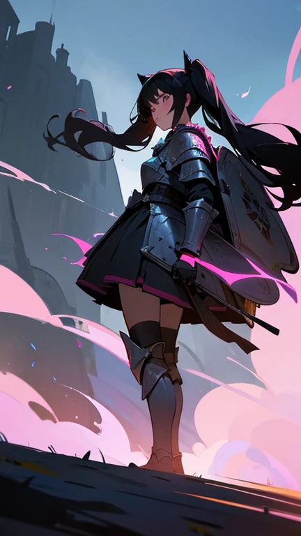 Highest quality　Highest quality 13 year old beautiful girl (Twin tails)Black hair with small curls all over　knight　Wearing armor　The armor is entirely pink in color.、Place々The black parts and decorations give it a sense of speed.　(It was midnight and the w...