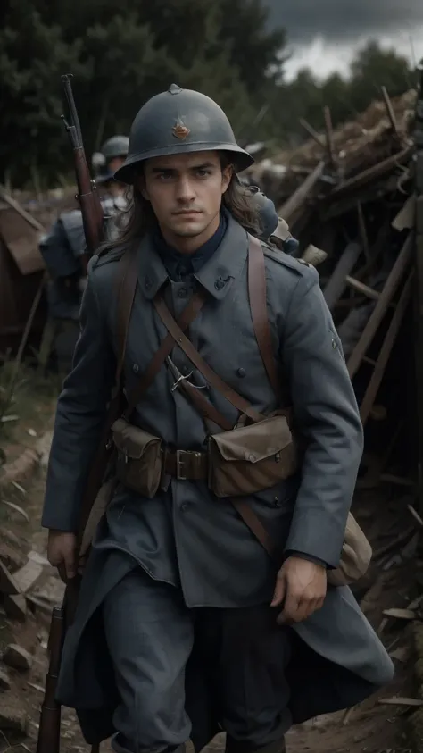 (masterpiece), best quality, expressive eyes, perfect face, All quiet on western Front, man, trenches, dirty, uniform, realistic, HD, Rifle, Orlando Bloom, big bag, French regiment, France, defending position, pov, Far view, shot, shooting, fighting, aimin...