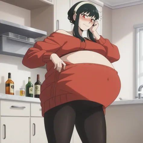 looking at viewer, solo, YorForger,1girl, ((middle breast)), ((belly stuffed)), ((huge belly)), ((very drunk)), ((staggers)), black hair, red eyes, short hair with long locks, white hairband, off shoulder, ((red sweater)), black pantyhose, ((drank too much...