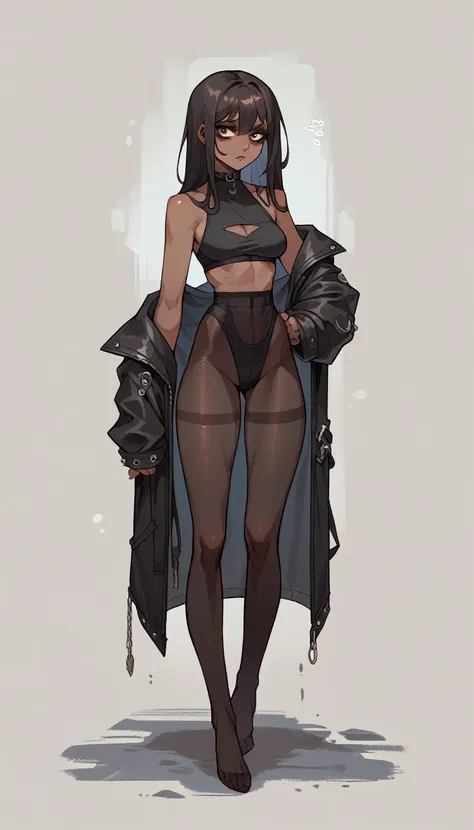 goth noir (nod) wearing a black swimsuit black skin full body standing wearing black transparent pantyhose