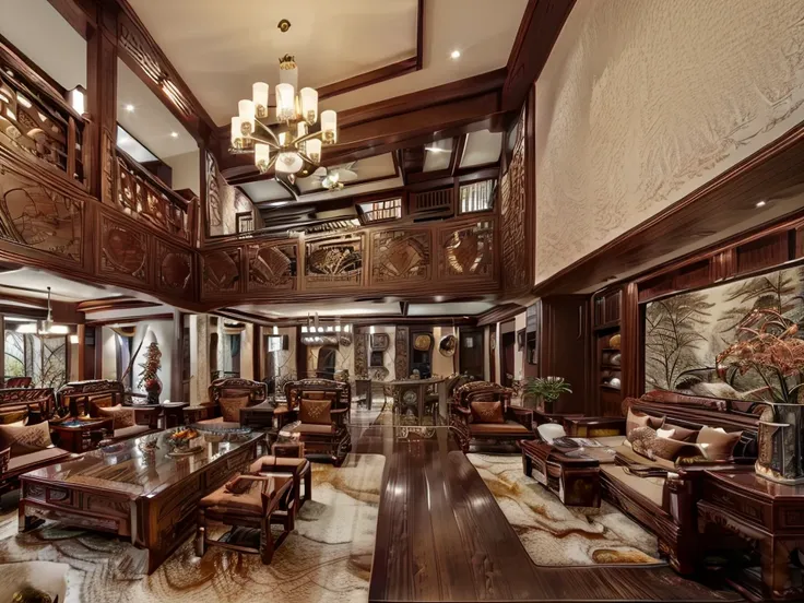 a double-height ceiling living room with a large, floor-to-ceiling window on one side log cabin. outside is a dark snow-covered ...