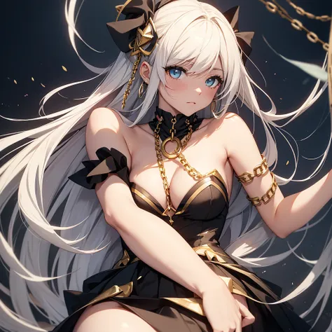 Create an anime girl who wears a black dress and has a mermaid silhouette. The front features a sleeveless halter neckline, with white and gold details surrounding the bust area. There are golden chains that fall over the middle part of the dress. In the b...