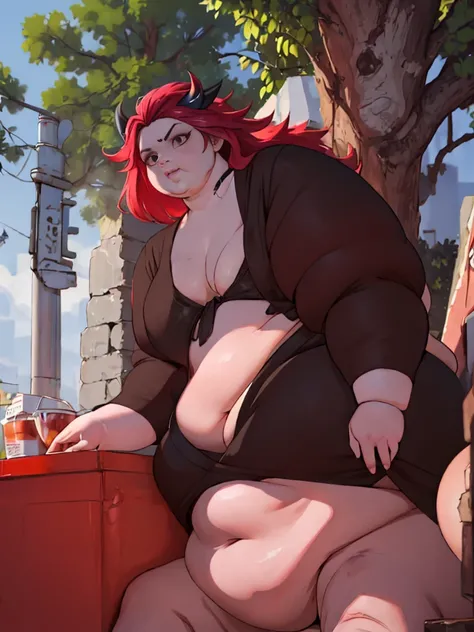 Bbw woman with huge fat chubby soft belly, shes sitting next to a dragon. Pretty face, très détaillée, robe rouge, gros ventre, severe look, tall girl