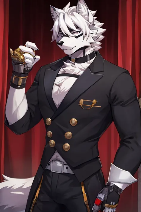 Wolf，Pure white fur，belt，Handsome，hair，Butler，choker，Prosthetic limbs，身体中にbeltを巻いている