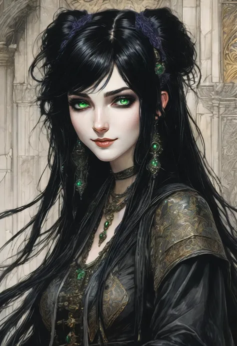 A ((goth gamer girl)) livestreaming on Twitch. She has bright green eyes, black hair and pale skin with a big grin. Alan Lee, Arthur Rackham, Stephen Gammel, dark fantasy, extremely detailed, detailed, beautiful face, dynamic pose, beautiful eyes, perfect ...