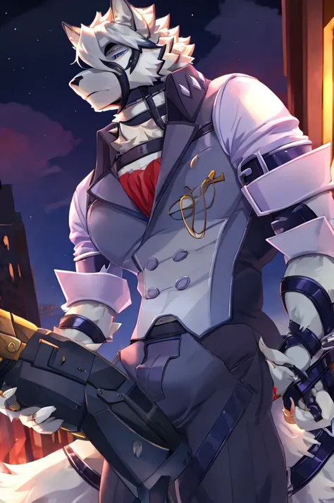 Wolf，Pure white fur，belt，Handsome，hair，Butler，choker，Prosthetic limbs，身体中にbeltを巻いている