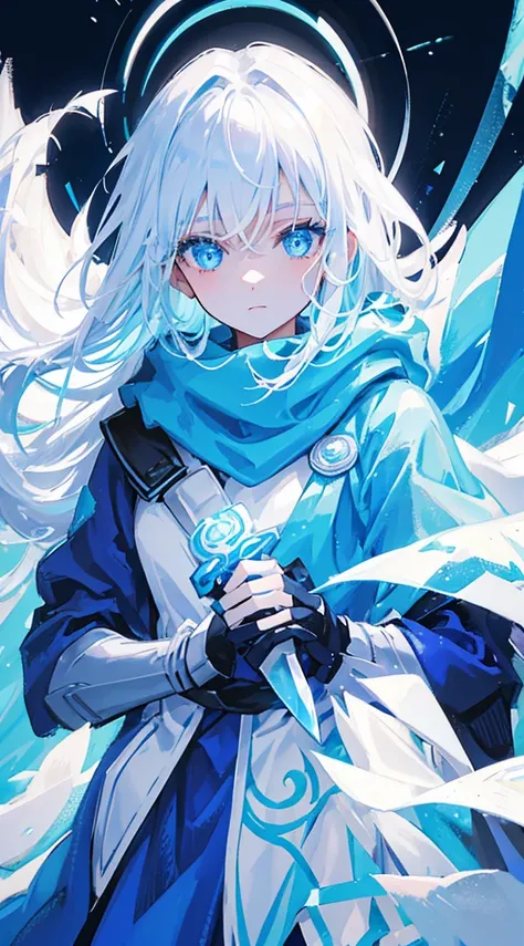 a girl with bright blue eyes, blue and white hair, wearing a icy cloak and white mask and holding a knife made of ice
