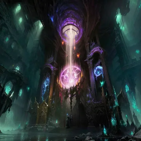 there is a very large room with many strange decorations, entrance to the ethereal realm, arte conceitual de world of warcraft, luminescent concept art, Final Fantasy 1 4 Cloth Screenshot, studying an open rift portal in hell, magical concept art highlight...