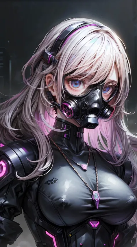 (masterpiece, Best quality), futuristic, Steelpunk, Pastel Gothic, Cyberpunk mask, sophisticated tactical technical clothing, neon accents, fashionable, Stylish, perfect slim body, big breasts, asymmetrical bangs, Wavy hair, hair band, necklace, bracelet, ...