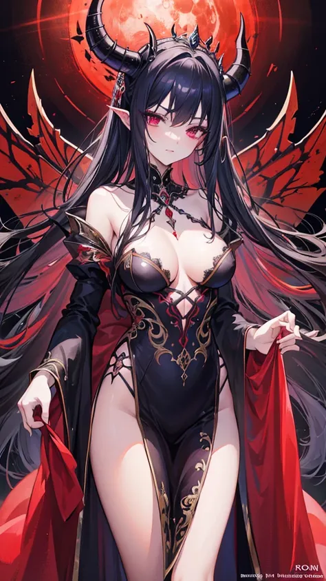 masterpiece,best quality,high resolution,ultra-detailed,1woman,demon queen,elaborately designed clothes,evil,fantasy,sexy makeup,v-shaped eyebrows,undressing,nsfw,