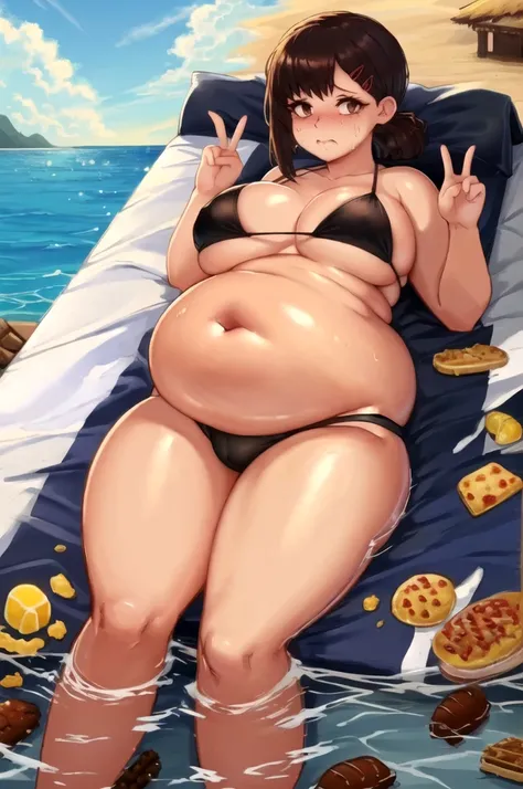 masterpiece, best quality, ultra-detailed, illustration, epic lighting, cinematic composition, isometric, 1girl, , brown eyes, black hair, swept bangs, single sidelock, red hairclip, black panties, bikini, formal, bedroom, lies on the bed, view from above,...