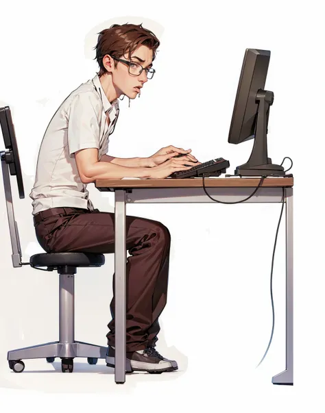 19 year old skinny boy wearing glasses sitting at an office desk using a computer keyboard and white mouse ,with worried face (distressed expression,add it,with his mouth open looking at the computer monitor wearing a nerdy short-sleeved formal shirt