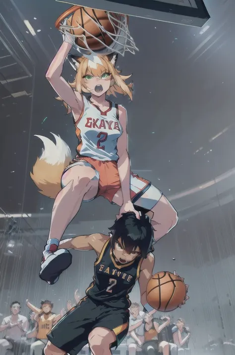 (anthropomorphic fox:1.4), green eyes, open mouth, slam dunk, basketball uniform, basketball court, intricate design, bright col...