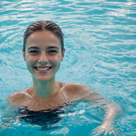 jeune femme dans une piscine, doux sourire