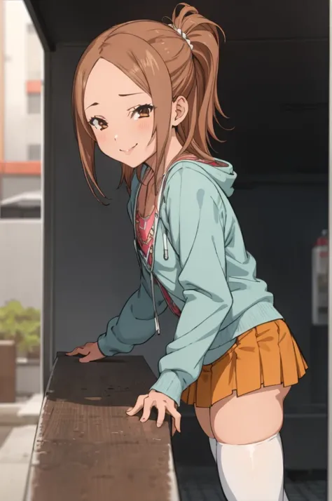 miyoshi kaya, light brown hair, high ponytail,small breasts, orange eyes, parted bangs, forehead,
 1girl,solo,looking at viewer, ,smile,,nipple,ribbon,long sleeves,miniskirt,thighhighs,outdoor,(((gyaru)))