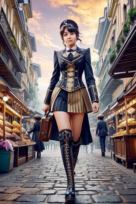 Anime Illustration, (Karla Jaeger in a steampunk , pleated skirt with gear patterns, knee-high boots, brass goggles, cheerful expression, holding a mechanical pet bird), (walking through a bustling Victorian market, colorful stalls filled with gadgets, cob...