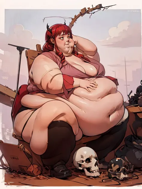 Bbw girl with huge fat chubby soft belly, shes sitting next to a dragon skull. Pretty face, très détaillée, robe noire, gros ventre