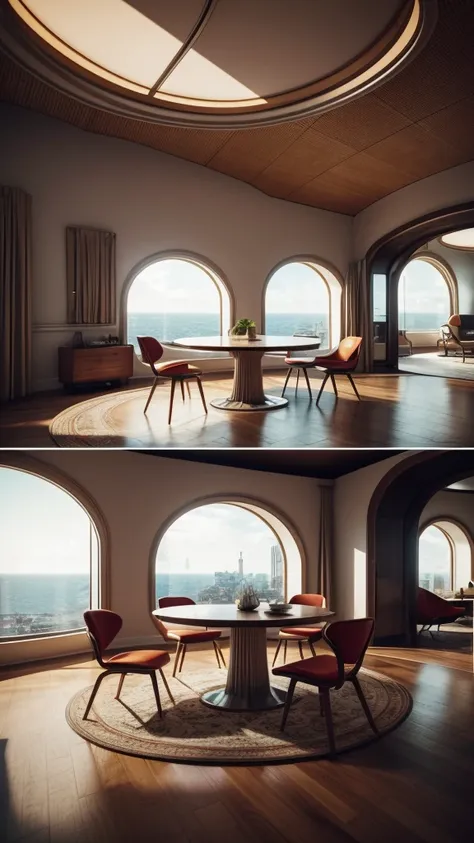 there is a room with a round table and chairs in it, a 3D render inspired by Filip Hodas, unsplash contest winner, retrofuturism, 70s interior with arched windows, futuristic setting, retro futuristic apartment, 80s interior with arched windows, brutalist ...