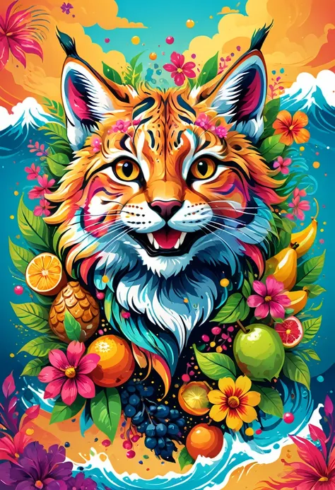 arte vetorial para  t shirt design, of a colorful illustration of a little smiling lynx, at the center, swirly vibrant colors, f...