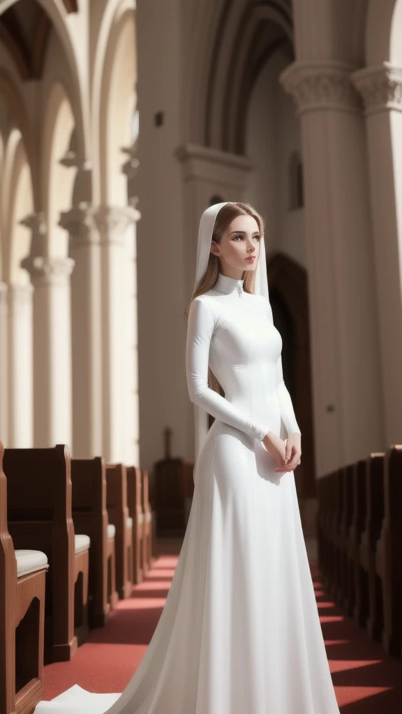 beautiful woman wearing long latex white dress in the church