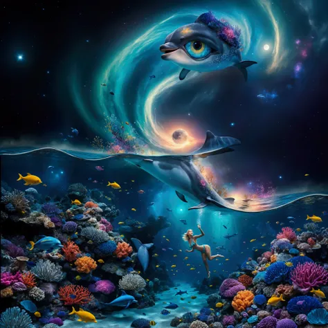 at night, Surreal, fantasy-style digital artwork featuring an underwater scene with vibrant coral reefs and various colorful fish. The layout is divided into two main sections: the underwater world and the sky above. In the underwater section, there are tw...