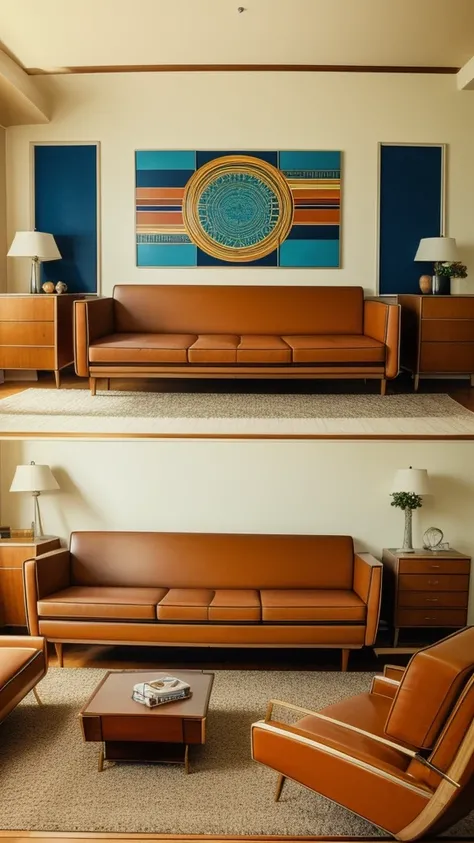 there is a picture of a living room with a couch and a chair, 7 0 s living room, 7 0 s art deco, 1970 furniture, 70s interior with arched windows, 70s design, 1 9 7 0 s style, 1970s style, 7 0 s vintage art, 1970s vintage art