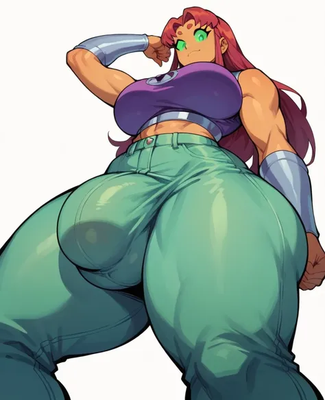 Starfire (dc), Women, breasts and, huge butt, Futanari, huge cock, dressed, huge bulge in pants, alone, White background, low view