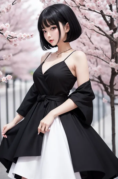 girl with black hair wearing white and black dress, Background with sakura, a super attractive woman with a beautiful waist,An anime image quality