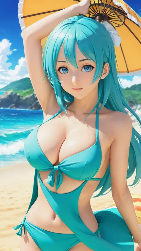 Close-up of a woman in a bikini on the beach, Aqua from Konosuba, Official Art, Wearing a swimsuit, I also make fan art, Turquoise hair anime girl, we one piece, Anime girl named Lucy, Official Artwork, Wallpaper Anime Blue Water, rei hiroe, Official Anime...