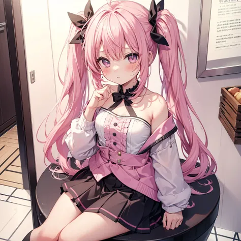 One girl, Pink Hair, Sitting on a Western-style toilet,Wide angle, Surprised,Blushing,Twin tails, Idol,Ahoge, mini skirt,Textured skin, Small breasts