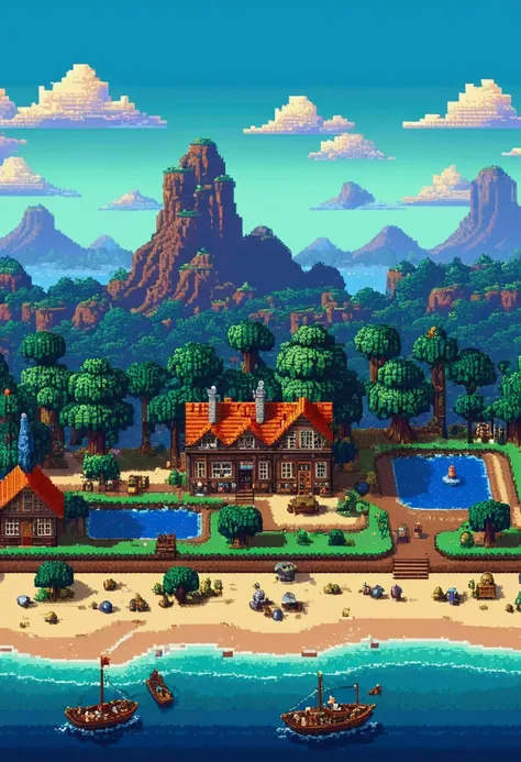 Tourist landscape in pixel art. evening. funds&#39;3D pixel art screen 4K. Amazing pixel art details. pixel art. steam wave. pixel art détaillé d&#39;playstation 1 nostalgie 