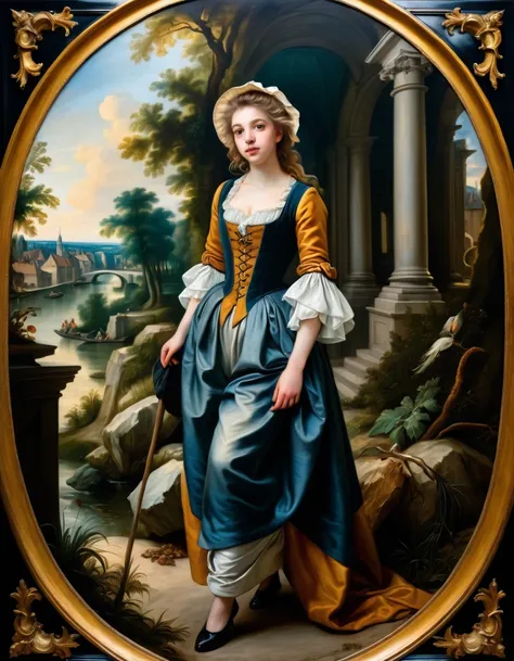 [[full-length view: young attractive girl ((style Jean Baptiste Greuze))]/[background: (amazing Renaissance landscape based on Pieter Brueghel the Elder) (masterpiece)], oil painting, extreme detail, intricate, unusual, ((best quality))]