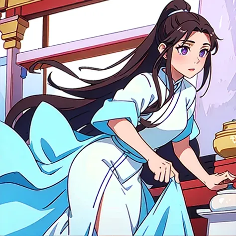 ( best quality, ancient china, a girl, long white chinese dress with pastel light blue edges), long hair tied in a ponytail, bro...