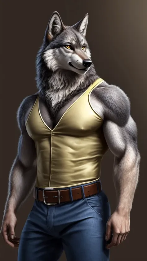 Create a detailed illustration of a muscular, gray anthropomorphic wolf. The wolf should have realistic facial features, with piercing eyes and alert ears. Its body should be robust and muscular, with long, flowing hair on the head and chest areas. Dress t...