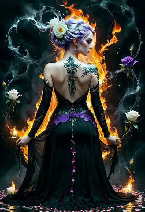 Arafed, Dark fantasy art, fantasy art, goth art, a picture of a tattoo on the back of a female elf, a glowing tattoo of a ((white rose: 1.3)) on the elfs back, the ((rose tattoo)) is vivid, intricate detailed coming to life from the ink to real life, Glowi...