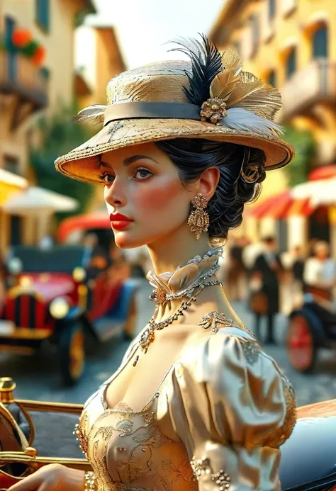 a captivating 3d render illustration of a 1900s italian woman showcasing popular hairstyle trends of the era. she is adorned wit...