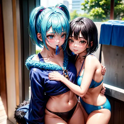 Chica1：BULMA、adorable，blue fur，bob cut，informal、Kisses with mouth and hugs staring、 ilo bikini clothing, Now、
girl 2：He saw, adorable，long black hair，informal。Kisses with mouth and hugs, stare、ilo bikini clothing, Now