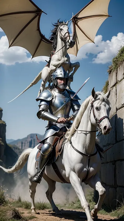 Artistic representation of Saint George in armor, tall and firm black hair, mustache with helmet on his head on top of a white horse holding a spear stabbing a huge dragon at his feet.