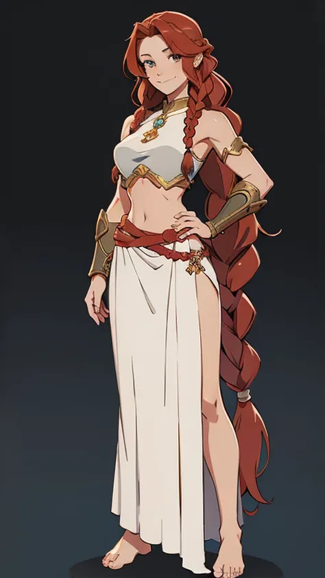 (((full body photo))), A beautiful, young, visibly barefoot fantasy warrior woman, wearing an armor top  with a long skirt, bare midriff, with wavy red hair in one asymmetrical braid, standing, smiling.