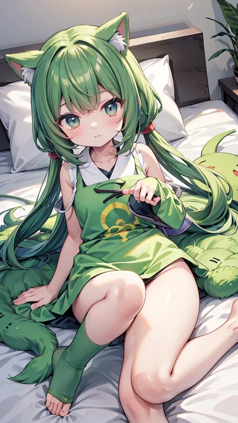 Mascagna、Nyaohha、Nyarote、Pokémon、green body,spread leg show off,on bed,