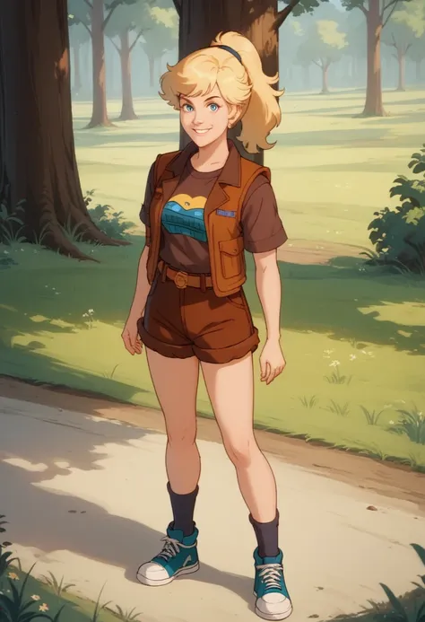 t-shirt, brown shorts, belt, brown vest, socks, sneakers, 1girl, solo, xlinkax, blonde hair, ponytail, blue eyes, medium breasts...