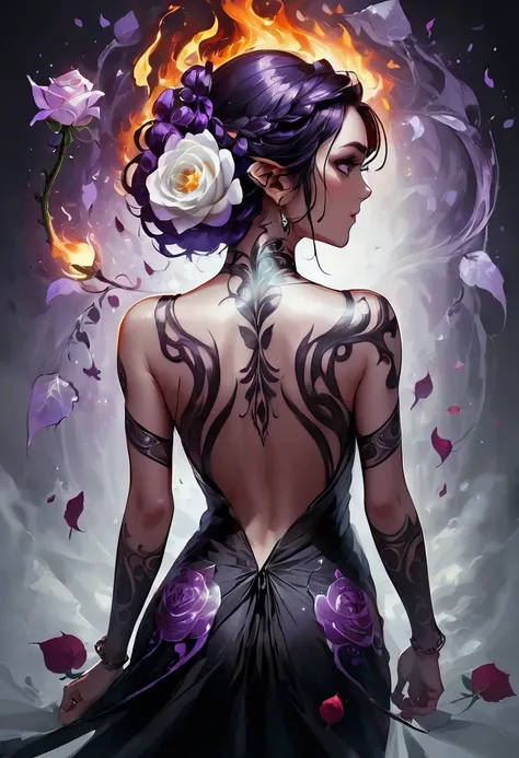 Arafed, Dark fantasy art, fantasy art, goth art, a picture of a tattoo on the back of a female elf, a glowing tattoo of a ((white rose: 1.3)) on the elfs back, the ((rose tattoo)) is vivid, intricate detailed coming to life from the ink to real life, Glowi...