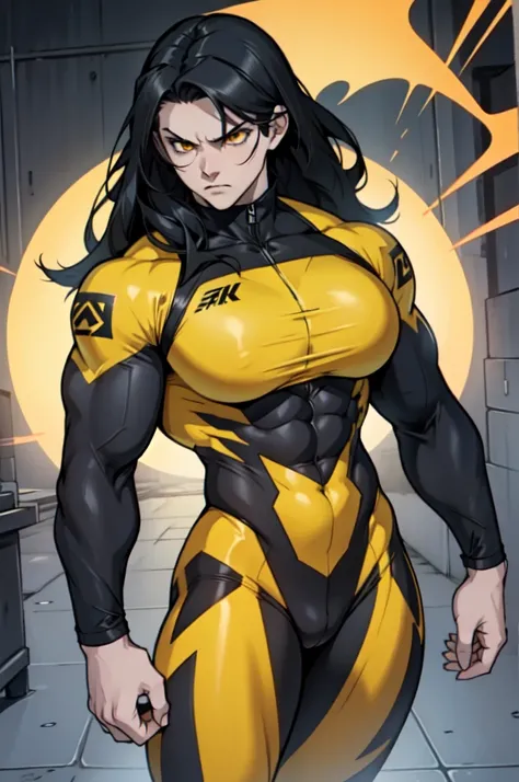 pale skin solo 1 girl black hair yellow eyes angry very long hair dark atmosphere (huge breasts breasts bodybuilder toned body muscular) skinsuit standing