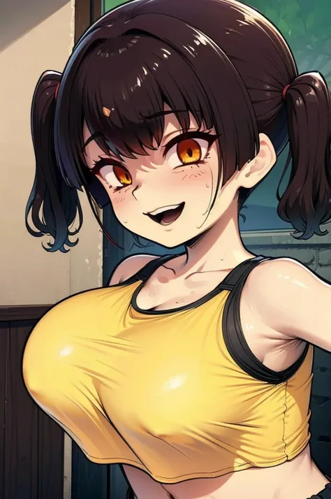 gesugaoでtitfuckをするsasaki kanna, Yellow Tank Top, underboob, Sweat, Black hair twin tails, Guess face, smile, crazy Smile, 勝ち誇ったsmile, Her body is like that of a slender elementary school student, but her breasts are large., Grip your dick between sweaty br...