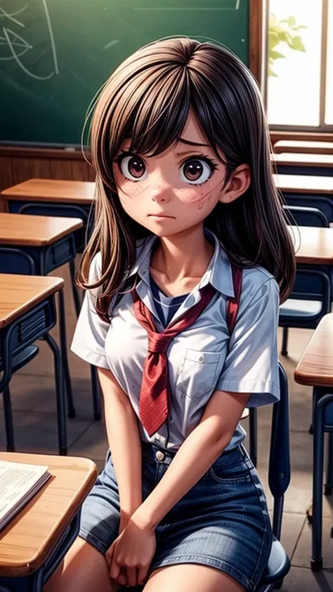 classroom、A girl being bullied by delinquents、A facial expression asking for help