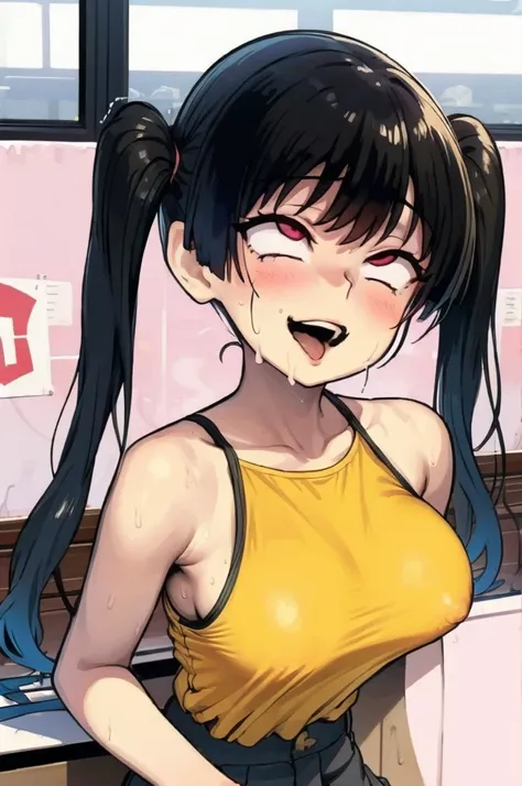 gesugaoでtitfuckをするsasaki kanna, Yellow Tank Top, underboob, Sweat, Black hair twin tails, Guess face, smile, crazy Smile, 勝ち誇ったsmile, Her body is like that of a slender elementary school student, but her breasts are large., Grip your dick between sweaty br...