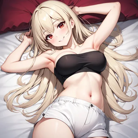 NSFW, platinum blonde, red eyes, straight hair, smiling, black tube top band, strapless, white shorts, under breasts, belly button, armpits, thighs, bed, lying on back,