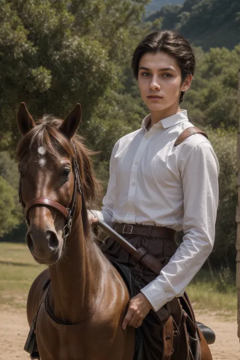 A cute twink male with a face with makeup and black hair. He is wearing a long-sleeved white shirt and brown pants. He is riding a horse. He is on the battlefield fighting against the army. He has a sword and shield in his hand, and behind him from afar ar...